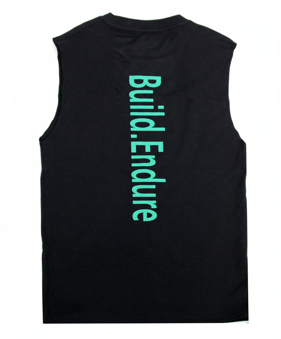 Black sleeveless shirt with 'Build.Endure' text on a white background
