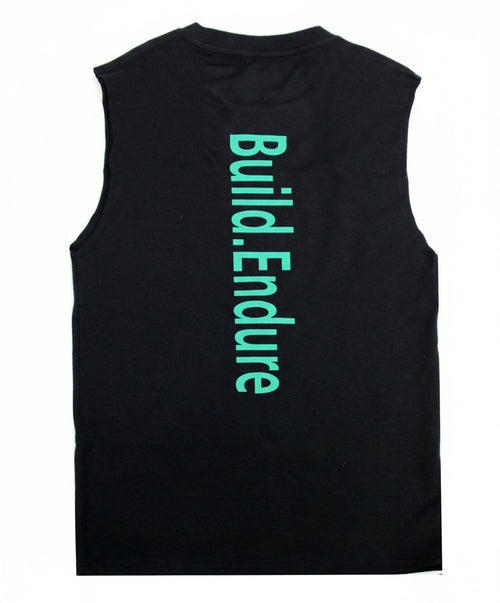 Black sleeveless shirt with 'Build.Endure' text on a white background