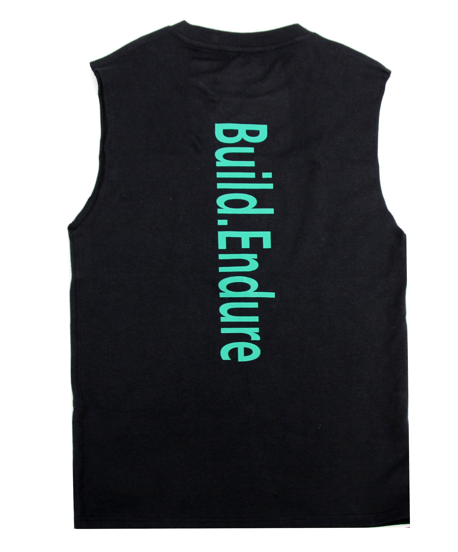 A black sleeveless muscle tank top shown from the back, featuring the word 'Endure' printed vertically in a bright teal-green font next to 'Build.'.