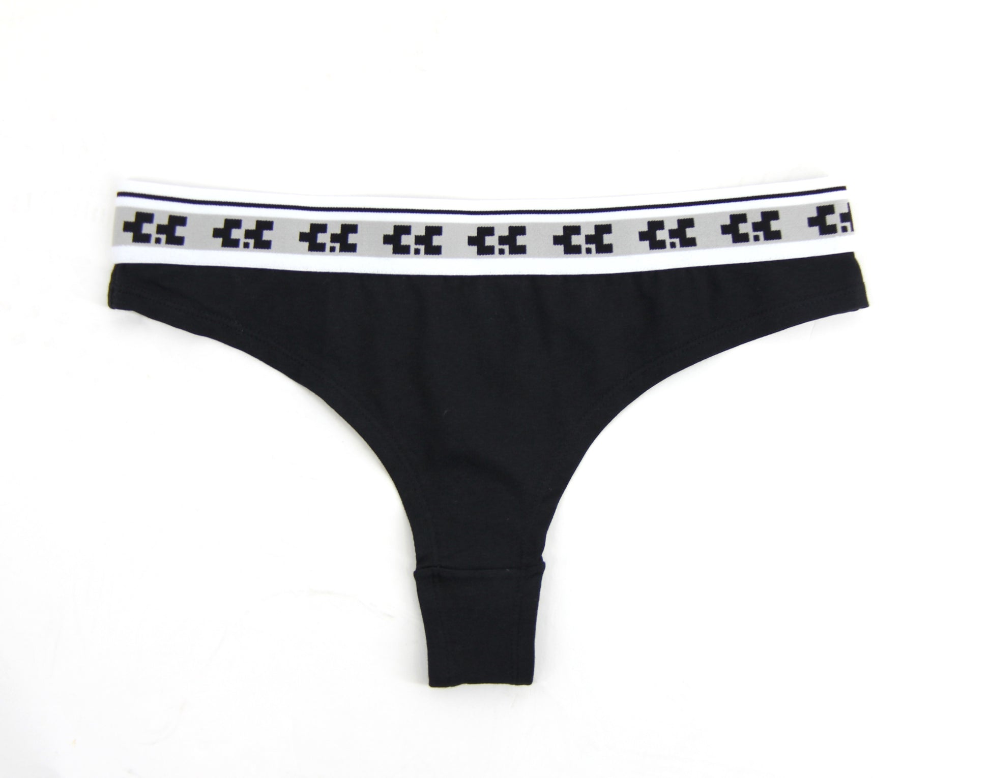 Black thong with a patterned waistband on a white background